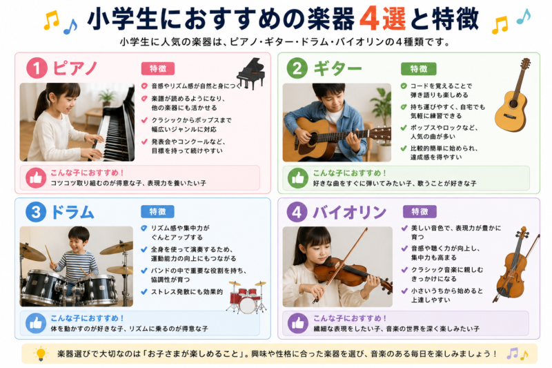 小学生におすすめの楽器4選と特徴を比較。ピアノ・ギター・ドラム・バイオリンのメリットや向いている子どもの性格を解説