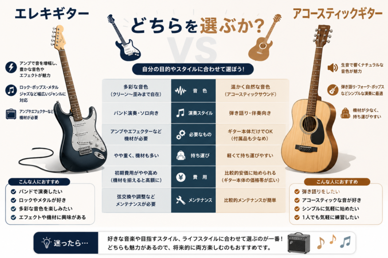エレキギターとアコースティックギターの比較表・選び方
