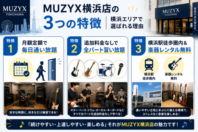 MUZYX横浜店の3つの特徴｜月額通い放題・全パート習い放題・横浜駅徒歩圏で楽器レンタル無料