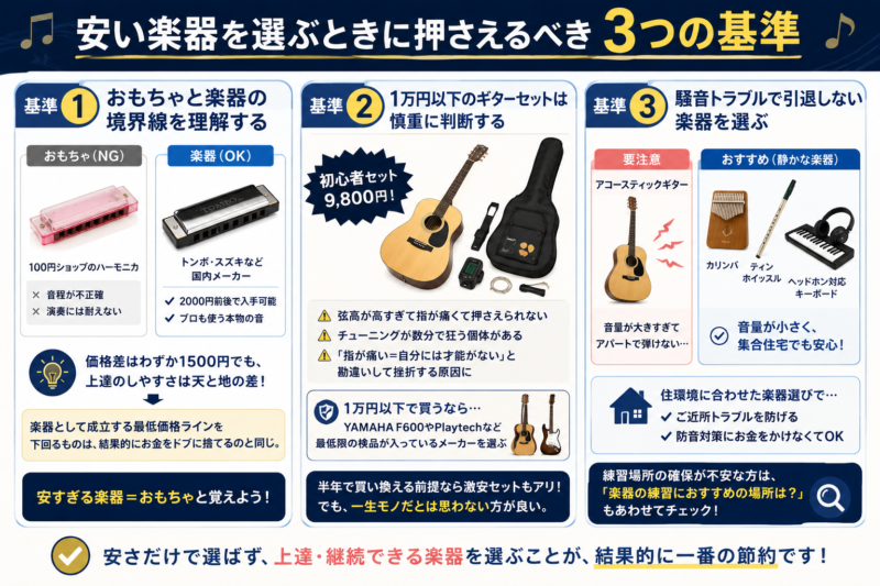 安い楽器を選ぶときに押さえるべき3つの基準をまとめた解説画像。おもちゃと楽器の境界線、1万円以下のギターセットの注意点（YAMAHAやPlaytechの推奨）、騒音トラブルを防ぐ静かな楽器（カリンバ、ティンホイッスル、キーボード）の選び方を紹介しています。